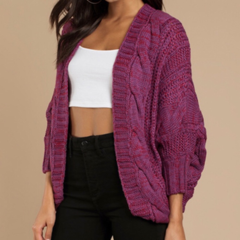 Cable Knit Open Front Cardigan Sweater - Purple